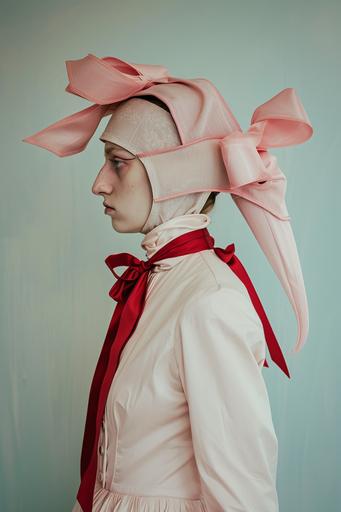 woman wearing weird pale pink Plague doctor costume with pale pink aquiline nose mask and big red ribbon on her head , surreal style, exquisite craftmanship, intricate details, editorial photo, photo realistic, soft tones, in the style of retro-futuristic, soft pastel scheme, wimmelbilder, elaborate costumes --ar 2:3 --s 50 --v 6.0