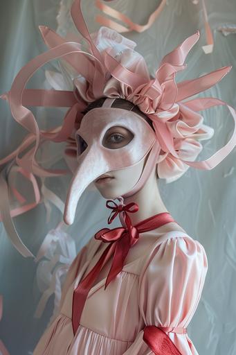 woman wearing weird pale pink Plague doctor costume with pale pink aquiline nose mask and big red ribbon on her head , surreal style, exquisite craftmanship, intricate details, editorial photo, photo realistic, soft tones, in the style of retro-futuristic, soft pastel scheme, wimmelbilder, elaborate costumes --ar 2:3 --s 50 --v 6.0