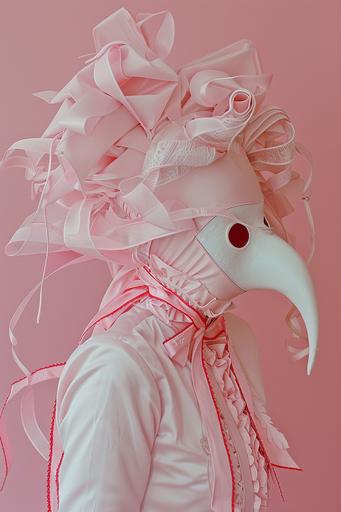 woman wearing weird pale pink Plague doctor costume with pale pink aquiline nose mask and big red ribbon on her head , surreal style, exquisite craftmanship, intricate details, editorial photo, photo realistic, soft tones, in the style of retro-futuristic, soft pastel scheme, wimmelbilder, elaborate costumes --ar 2:3 --s 50 --v 6.0