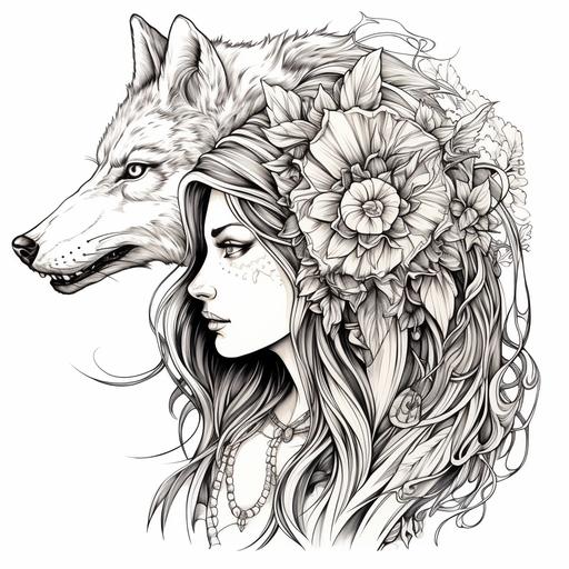 woman wearing wolf skull side view white background coloring book