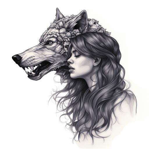 woman wearing wolf skull side view white background coloring book