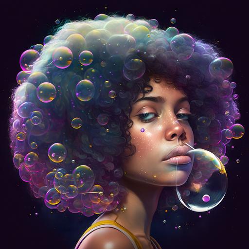 woman with a soap bubble hair, cartoon, realistic, starlight theme
