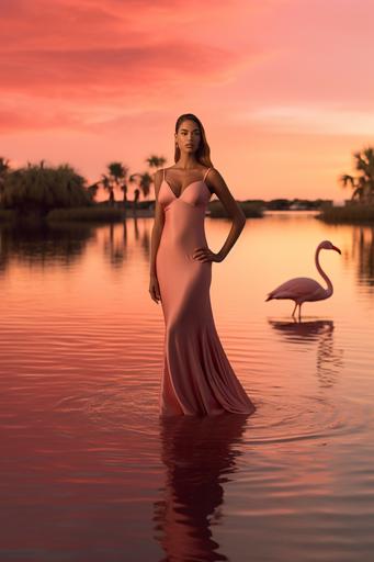 woman with an asymmetric face and small blemishes wearing an elegant flamingo gown as she stands in a beautiful lake in the Bahamas, sunset, barefoot, cinestill 800T --ar 2:3 --v 5.1