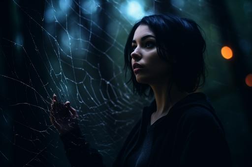 woman with black hair stands in front of a forest, mystical forest, night, spiders web, Canon EOS 5D Mark IV DSLR, f/1.8, ISO 100, 1/250 second --ar 3:2 --v 5.1 --q 2 --upbeta