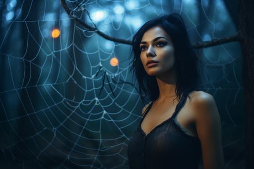 woman with black hair stands in front of a forest, mystical forest, night, spiders web, the middle ages, Canon EOS 5D Mark IV DSLR, f/1.8, ISO 100, 1/250 second --ar 3:2 --v 5.1 --q 2 --upbeta