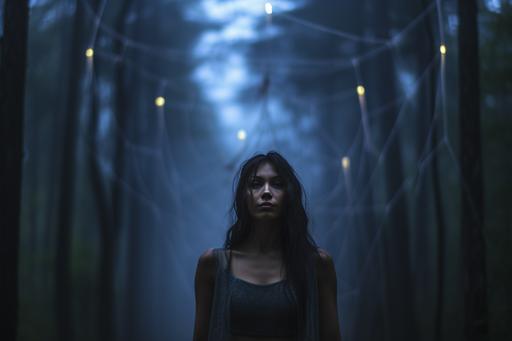woman with black hair stands in front of a forest, mystical forest, night, spiders web, the middle ages, Canon EOS 5D Mark IV DSLR, f/1.8, ISO 100, 1/250 second --ar 3:2 --v 5.1 --q 2 --upbeta