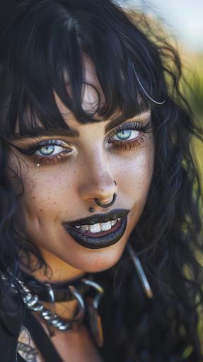 woman with flowing curly black hair draped around her, the eyes of Billie Eilish, light blue eye color, thin plucked eyebrows, black shiny lipstick, thin straight nose, dark tan, complexion and lips of Scarlett Johansson, punk rock clothing. Portrait, person is smiling and happy, beautiful. Award winning photography, shot on Canon EOS R10, photograph. Extremely realistic and detailed. Background is park in daytime. --v 6.0 --style raw --stylize 50 --ar 9:16