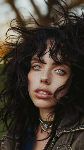 woman with flowing curly black hair draped around her, the eyes of Billie Eilish, light blue eye color, thin plucked eyebrows, black shiny lipstick, thin straight nose, dark tan, complexion and lips of Scarlett Johansson, punk rock clothing. Portrait, person is smiling and happy, beautiful. Award winning photography, shot on Canon EOS R10, photograph. Extremely realistic and detailed. Background is park in daytime. --v 6.0 --style raw --stylize 50 --ar 9:16