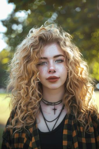 woman with flowing curly blonde hair style of 1970s female country singers, the eyes of Billie Eilish, light blue eye color, thin plucked black eyebrows. black shiny emo lipstick. thin straight nose. mixed race ethnicity. complexion and lips of Scarlett Johansson. punk rock clothing. Portrait. person is smiling and happy. beautiful. Award winning photography, shot on Canon EOS R10, photograph. Extremely realistic and detailed. Background is park in daytime. --v 6.0 --style raw --stylize 50 --ar 2:3