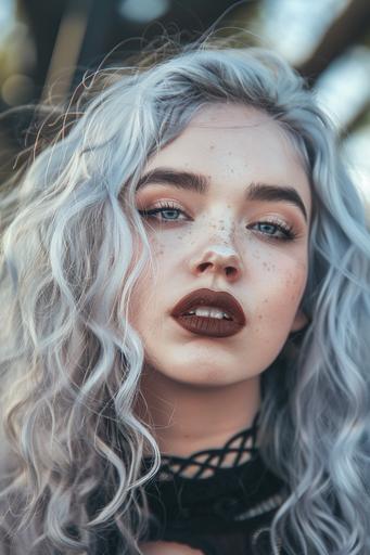 woman with flowing curly light blonde hair style of 1970s female country singers. the eyes of Billie Eilish, light blue eye color. thin black eyebrows. black shiny lipstick. thin straight nose. mixed race ethnic background of Korean Mexican and Arabian. complexion and lips of Scarlett Johansson. punk rock clothing. Portrait. person is smiling and happy. beautiful. Award winning photography, shot on Sony α7 IV, photograph, 8k. Extremely realistic and very detailed. Background is park in daytime. --v 6.0 --style raw --stylize 50 --ar 2:3