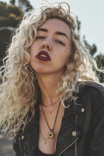 woman with flowing curly light blonde hair style of 1970s female country singers. the eyes of Billie Eilish, light blue eye color. thin black eyebrows. black shiny lipstick. thin straight nose. mixed race ethnic background of Korean Mexican and Arabian. complexion and lips of Scarlett Johansson. punk rock clothing. Portrait. person is smiling and happy. beautiful. Award winning photography, shot on Sony α7 IV, photograph, 8k. Extremely realistic and very detailed. Background is park in daytime. --v 6.0 --style raw --stylize 50 --ar 2:3
