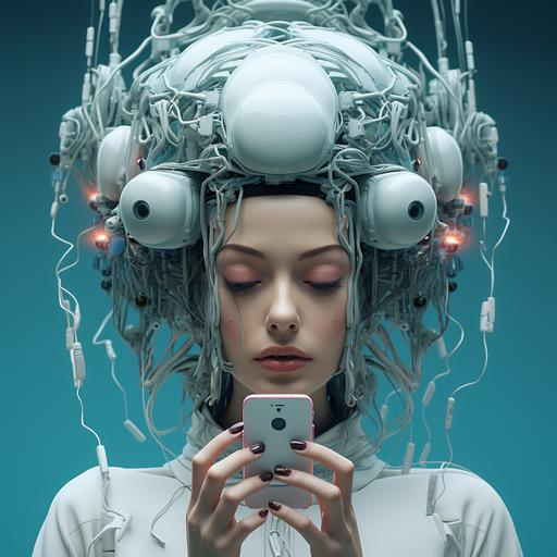 woman with futuristic iPhone fused to her brain, full body 3D Blender art, intense, shocking, psychosis, cartoon eyes, open, wide