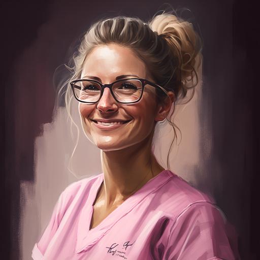 woman with glasses smiling , front view and her head tilted slightly to her right side. smiling, pink nursing gown