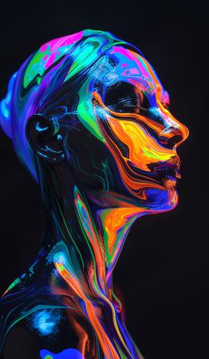 woman with glossy marble skin, black and lit with UV orange, green, yellow, pink, blue and purple under a black light effect. Very liquid shape through whole body. extremely colourful and bright. Glossy texture. Black light shines on dark background. Very abstract looking. hyperrealistic in 8k --ar 10:17 --v 6.0