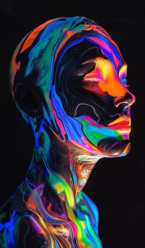 woman with glossy marble skin, black and lit with UV orange, green, yellow, pink, blue and purple under a black light effect. Very liquid shape through whole body. extremely colourful and bright. Glossy texture. Black light shines on dark background. Very abstract looking. hyperrealistic in 8k --ar 10:17 --v 6.0