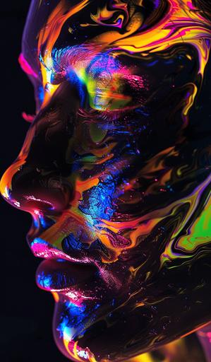 woman with glossy marble skin, black and lit with UV orange, green, yellow, pink, blue and purple under a black light effect. Very liquid shape through whole body. extremely colourful and bright. Glossy texture. Black light shines on dark background. Very abstract looking. hyperrealistic in 8k --ar 10:17 --v 6.0