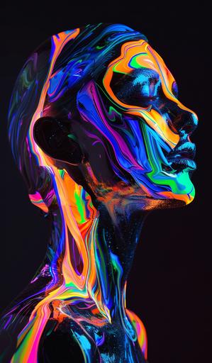 woman with glossy marble skin, black and lit with UV orange, green, yellow, pink, blue and purple under a black light effect. Very liquid shape through whole body. extremely colourful and bright. Glossy texture. Black light shines on dark background. Very abstract looking. hyperrealistic in 8k --ar 10:17 --v 6.0