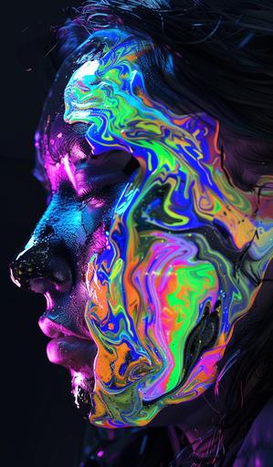 woman with glossy marble skin, black and lit with UV orange, green, yellow, pink, blue and purple under a black light effect. Very liquid shape through whole body. extremely colourful and bright. Glossy texture. Black light shines on dark background. Very abstract looking. hyperrealistic in 8k --ar 10:17 --v 6.0