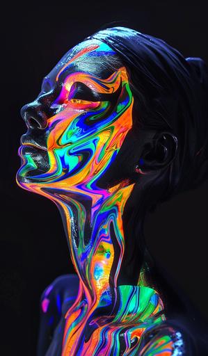 woman with glossy marble skin, black and lit with UV orange, green, yellow, pink, blue and purple under a black light effect. Very liquid shape through whole body. extremely colourful and bright. Glossy texture. Black light shines on dark background. Very abstract looking. hyperrealistic in 8k --ar 10:17 --v 6.0