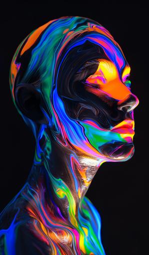 woman with glossy marble skin, black and lit with UV orange, green, yellow, pink, blue and purple under a black light effect. Very liquid shape through whole body. extremely colourful and bright. Glossy texture. Black light shines on dark background. Very abstract looking. hyperrealistic in 8k --ar 10:17 --v 6.0