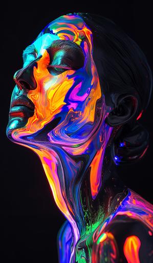 woman with glossy marble skin, black and lit with UV orange, green, yellow, pink, blue and purple under a black light effect. Very liquid shape through whole body. extremely colourful and bright. Glossy texture. Black light shines on dark background. Very abstract looking. hyperrealistic in 8k --ar 10:17 --v 6.0