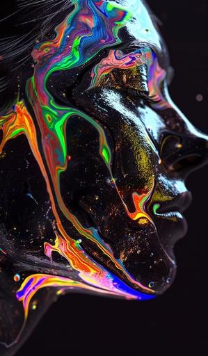 woman with glossy marble skin, black and lit with UV orange, green, yellow, pink, blue and purple under a black light effect. Very liquid shape through whole body. extremely colourful and bright. Glossy texture. Black light shines on dark background. Very abstract looking. hyperrealistic in 8k --ar 10:17 --v 6.0