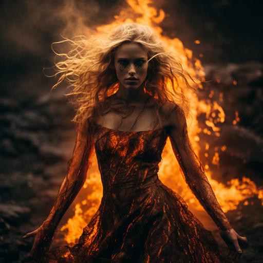 woman with hair of fire, magma dress, fire in eyes yellow eyes, in front of a erupting huge volcano