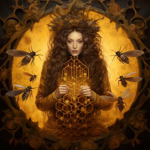woman with honeycomb and bees, visionary art, goddess, magical
