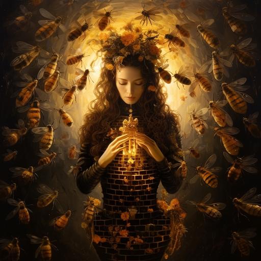woman with honeycomb and bees, visionary art, goddess, magical