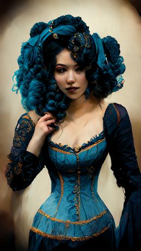 woman with huge curly blue hair, blue victorian dress, corset, burlesque, lace, --ar 9:16