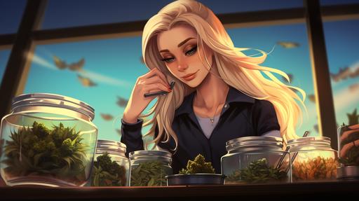 woman with long blond hair and wearing overalls, standing at a table with marijuana plants, edibles in a jar, marijuana bud in a jar, smoky background, add pot leaf in her hair, illustration, 8k, vibrant --ar 16:9 --v 5.2