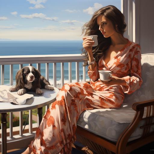 woman with long dark-brown hair, looking away from the viewer, coffee in her hand, poodle by her feet. They are on a balcony together overlooking the atlantic ocean