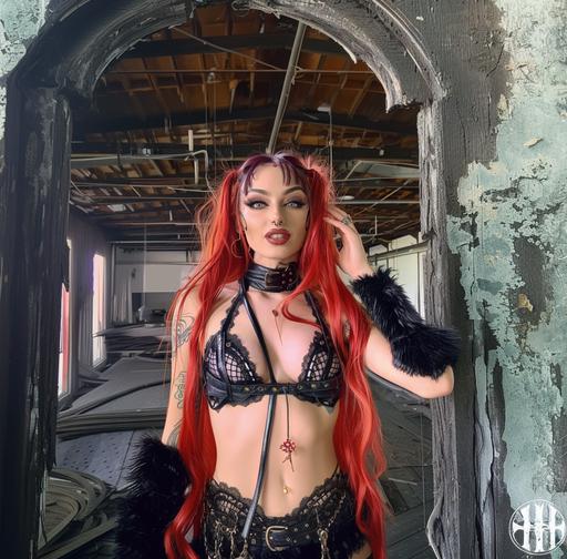 woman with long red hair, wearing leather lace and black fur, in the style of avacadopunk, drugcore, body extensions, dark gray and red, shiny eyes, hatecore, dark white and dark brown --ar 106:105 --c 35 --s 400 --v 6.0