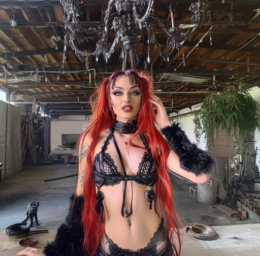 woman with long red hair, wearing leather lace and black fur, in the style of avacadopunk, drugcore, body extensions, dark gray and red, shiny eyes, hatecore, dark white and dark brown --ar 106:105 --c 35 --s 400 --v 6.0