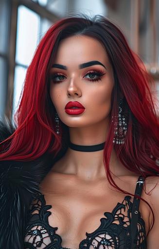 woman with long red hair, wearing leather lace and black fur, in the style of avacadopunk, drugcore, body extensions, dark gray and red, shiny eyes, hatecore, dark white and dark brown --ar 106:165 --c 35 --s 400 --v 6.0