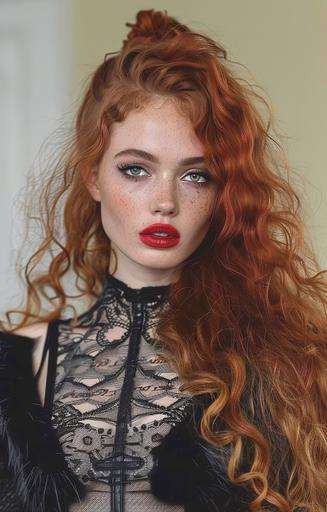 woman with long red hair, wearing leather lace and black fur, in the style of avacadopunk, drugcore, body extensions, dark gray and red, shiny eyes, hatecore, dark white and dark brown --ar 106:165 --c 35 --s 400 --v 6.0