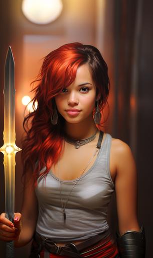 woman with red hair holding a sword in pose, in the style of jeff easley, chiaroscuro portraitures, realist detail, michael komarck, john buscema, scottish landscapes, large canvas format --c 25 --ar 13:22 --s 300 --style 21KnRgCuQJ7niFfK-shXJae21dpj1xVC
