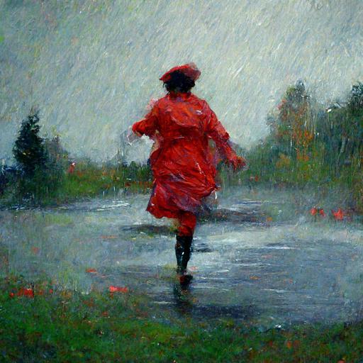 woman with red rubber-boots is running through the rain, oil painting, in the style of impressionism