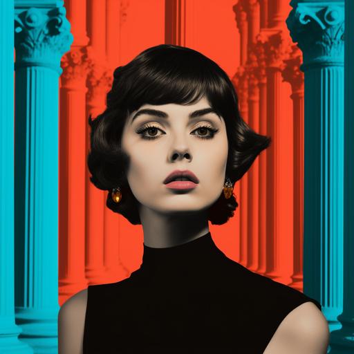 woman with short dark brown hair next to roman pillars in the style of andy warhol