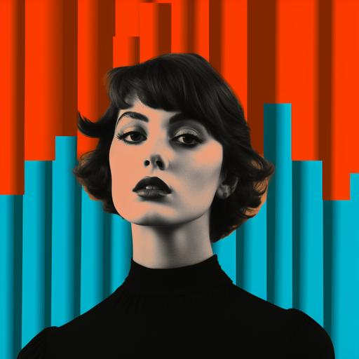 woman with short dark brown hair next to roman pillars in the style of andy warhol
