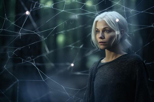 woman with white hair stands in front of a forest, mystical forest, night, spiders web, Canon EOS 5D Mark IV DSLR, f/1.8, ISO 100, 1/250 second --ar 3:2 --v 5.1 --upbeta