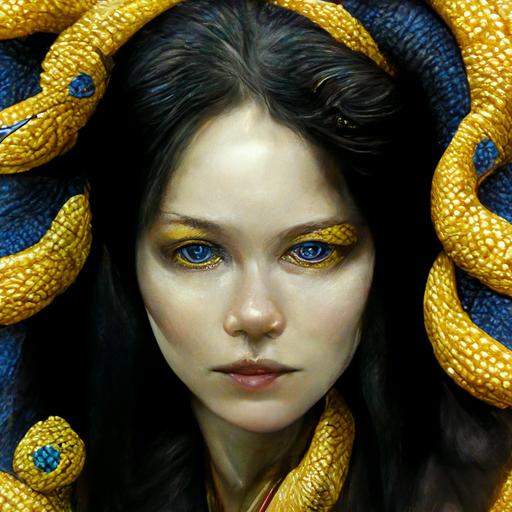 woman with yellow boa snake gold jewellery blue eyes, realistic,detailed