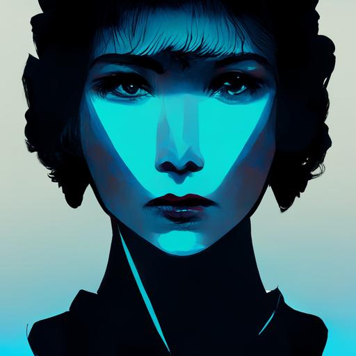 woman's face, dark background, blade runner, line art, silhouette, neon, blue, futuristic, synthetic, mystery