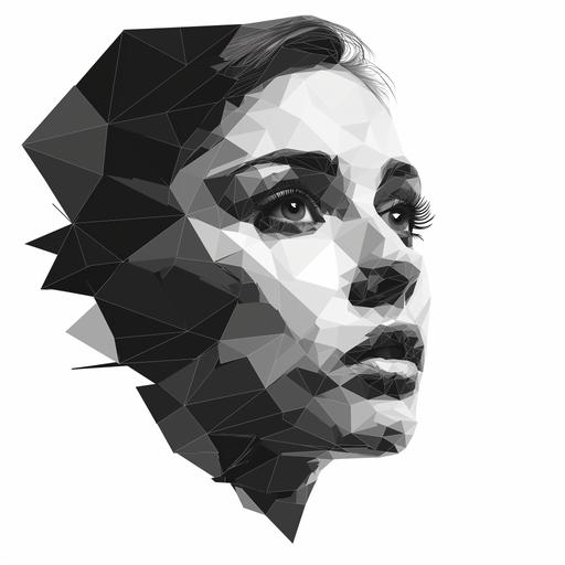 woman's face icon in black and white, low-poly, no background --v 6.0