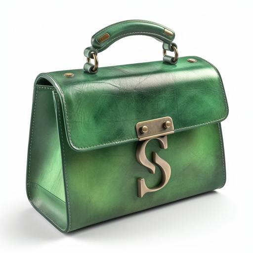 womans green leather handbag, vintage, with SM on the side in metal letters, 4k, hyper realistic --v 5.0