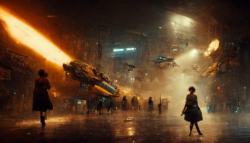 a women fighting against terminators in the street of movie blade runner environment, space ship in the air, phtographic, hyper realistic, wide angle, high contrast, 8k, cinematic lighting --ar 16:9