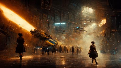 a women fighting against terminators in the street of movie blade runner environment, space ship in the air, phtographic, hyper realistic, wide angle, high contrast, 8k, cinematic lighting --ar 16:9