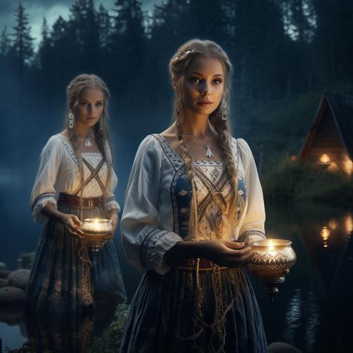 women in Latvian folk costume, midnight, full moon, at the lake in forest. realistic, high quality