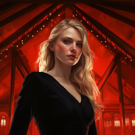 women with big blue eyes, blond hair, wearing black long dress, standing in the middle of red room, soft lightning