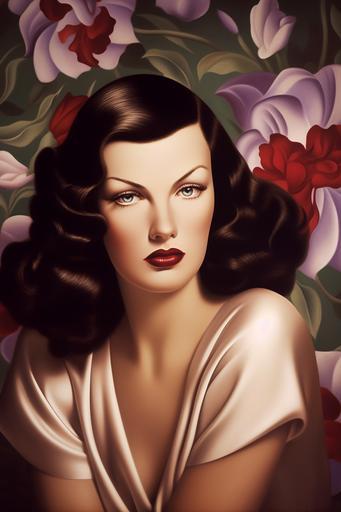 women with big open eyes, black hair, Tamara de Lempicka painting style , art deco style, hair on flower --ar 2:3 --q 2 --upbeta --v 5